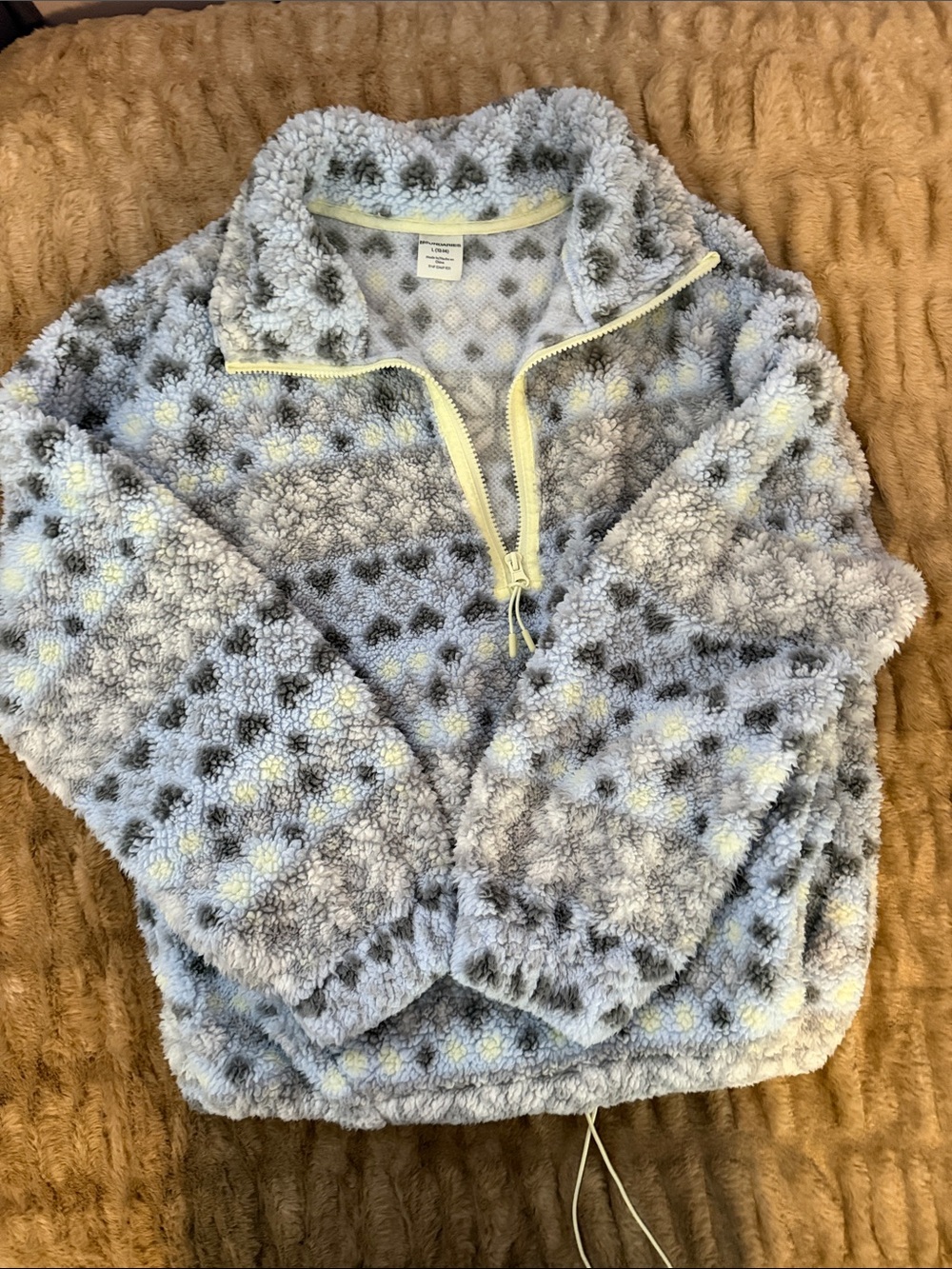No Boundaries Plush Half‑Zip Turtleneck Sweater in Light Blue, Gray and Cream